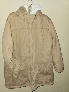 Old Navy Womens Parka Jacket XXL 2XL Khaki Tan Sherpa Lined Winter Coat Hooded
